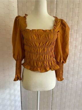 Smocked Square-Neck Blouse in Rust